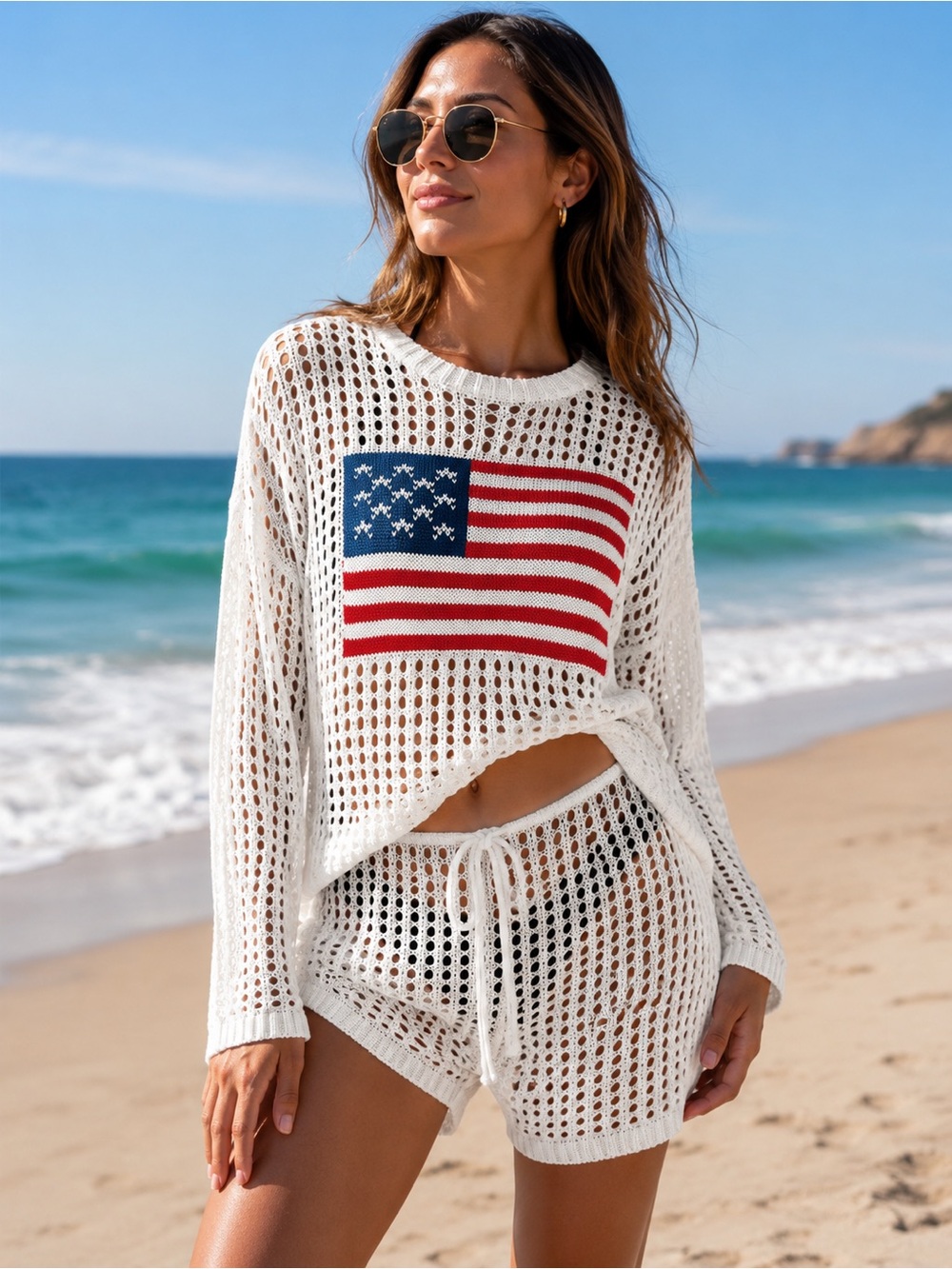 Women’s White Crochet Beach Cover-Up Set with Flag Detail